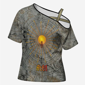 Aten Ancient Egyptian Cross Shoulder Shirt with Gray Astronomical Chart, Radiant Sun Disc Emblem, and Ankh - African Pride