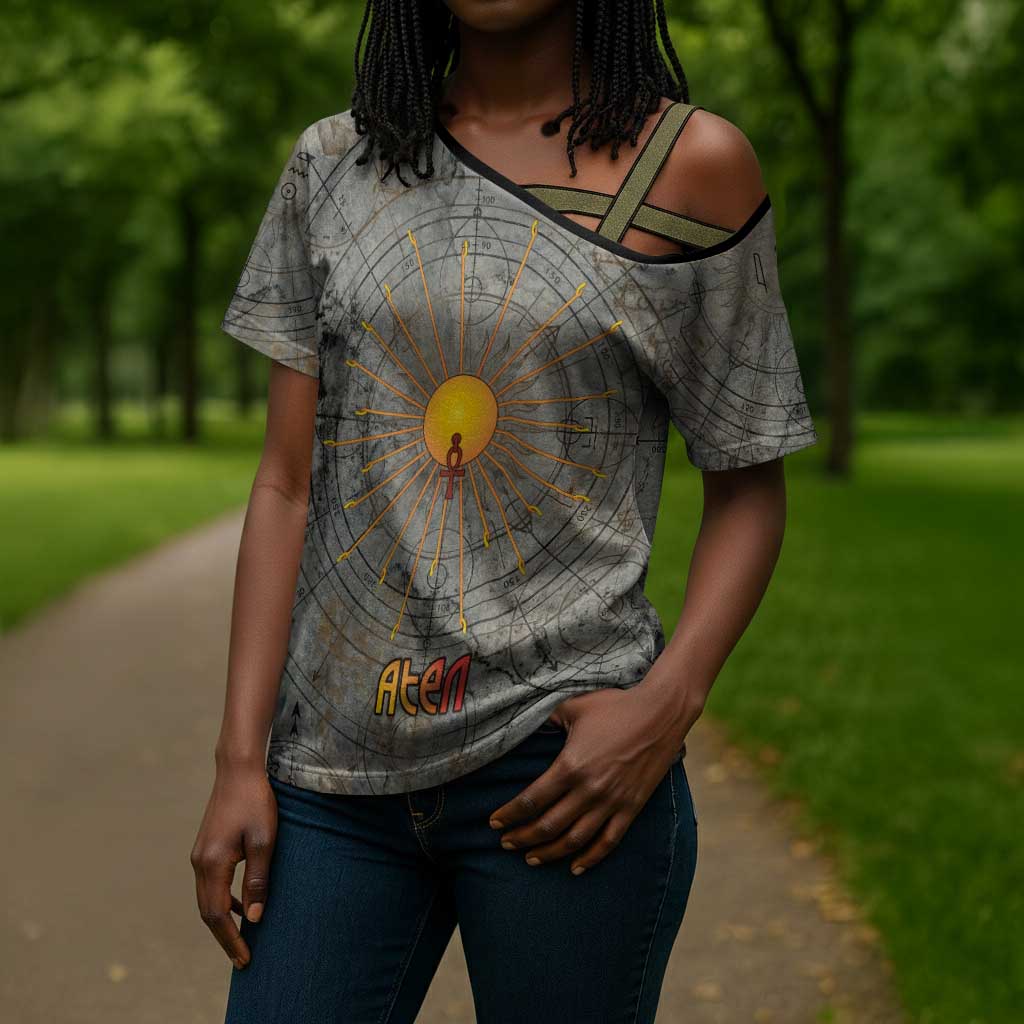Aten Ancient Egyptian Cross Shoulder Shirt with Gray Astronomical Chart, Radiant Sun Disc Emblem, and Ankh - African Pride