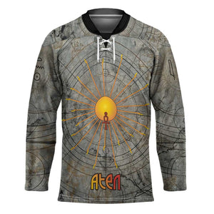 Aten Ancient Egyptian Hockey Jersey with Gray Astronomical Chart, Radiant Sun Disc Emblem, and Ankh - African Pride