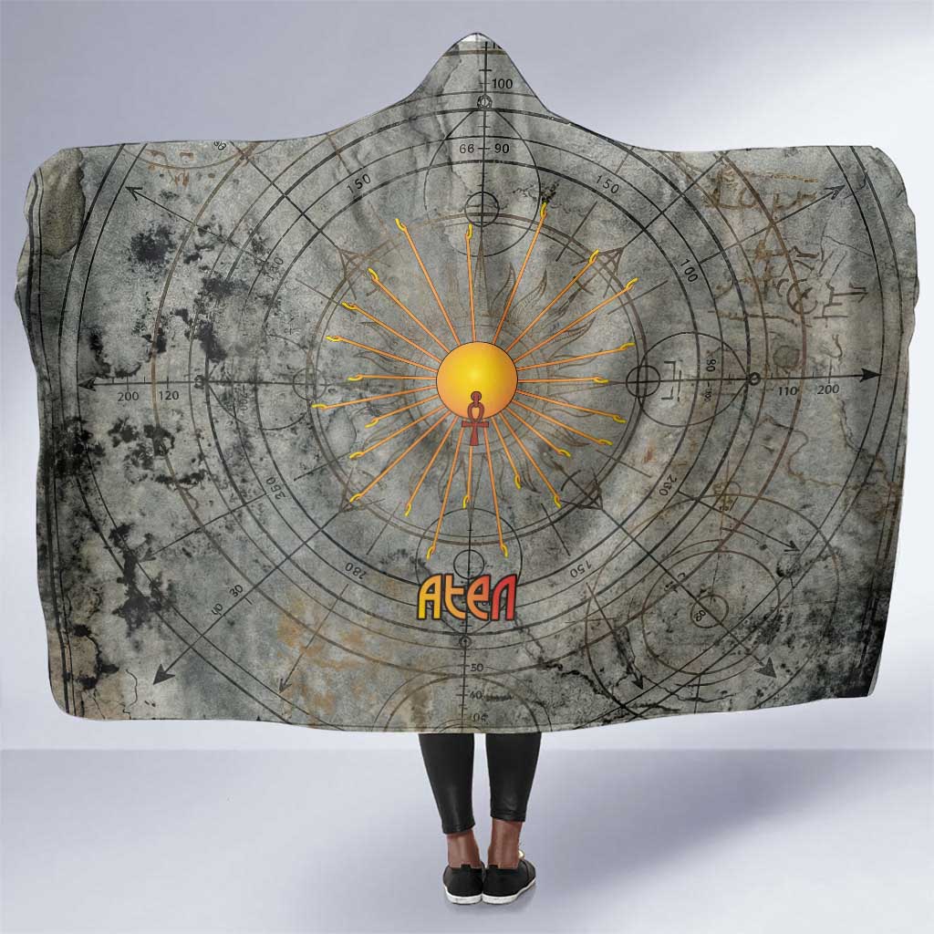 Aten Ancient Egyptian Hooded Blanket with Gray Astronomical Chart, Radiant Sun Disc Emblem, and Ankh - African Pride