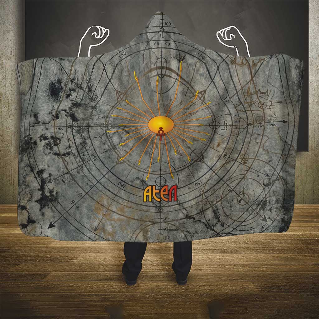 Aten Ancient Egyptian Hooded Blanket with Gray Astronomical Chart, Radiant Sun Disc Emblem, and Ankh - African Pride