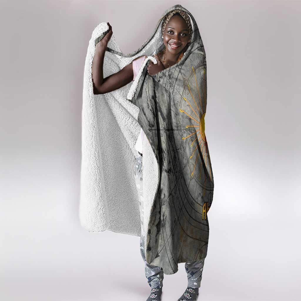 Aten Ancient Egyptian Hooded Blanket with Gray Astronomical Chart, Radiant Sun Disc Emblem, and Ankh - African Pride