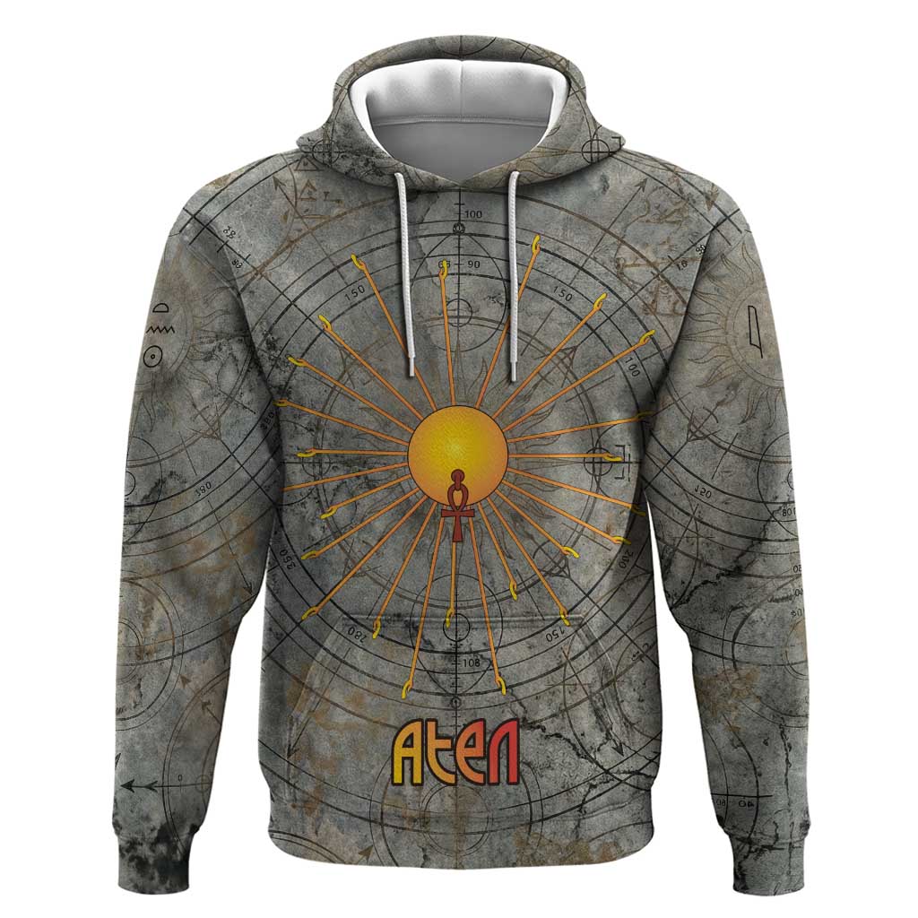 Aten Ancient Egyptian Hoodie with Gray Astronomical Chart, Radiant Sun Disc Emblem, and Ankh - African Pride