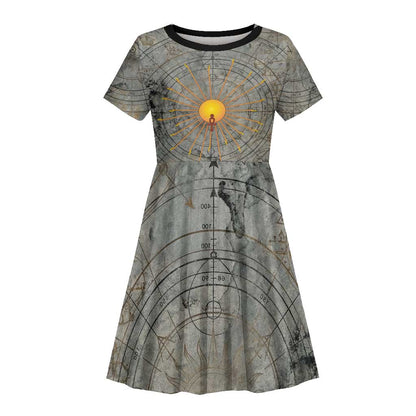 Aten Ancient Egyptian Kid Short Sleeve Dress with Gray Astronomical Chart, Radiant Sun Disc Emblem, and Ankh - African Pride