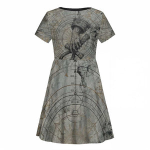 Aten Ancient Egyptian Kid Short Sleeve Dress with Gray Astronomical Chart, Radiant Sun Disc Emblem, and Ankh - African Pride