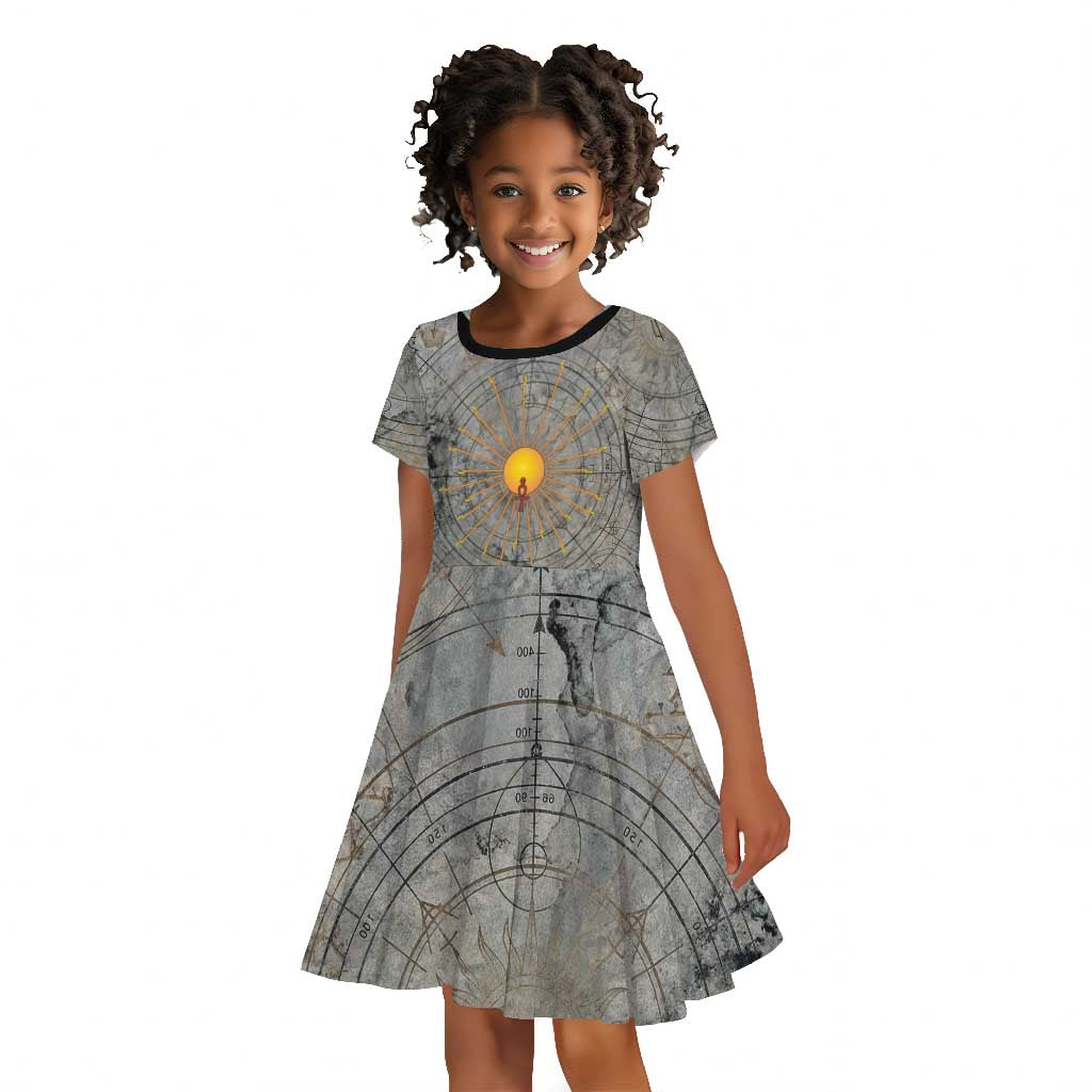Aten Ancient Egyptian Kid Short Sleeve Dress with Gray Astronomical Chart, Radiant Sun Disc Emblem, and Ankh - African Pride