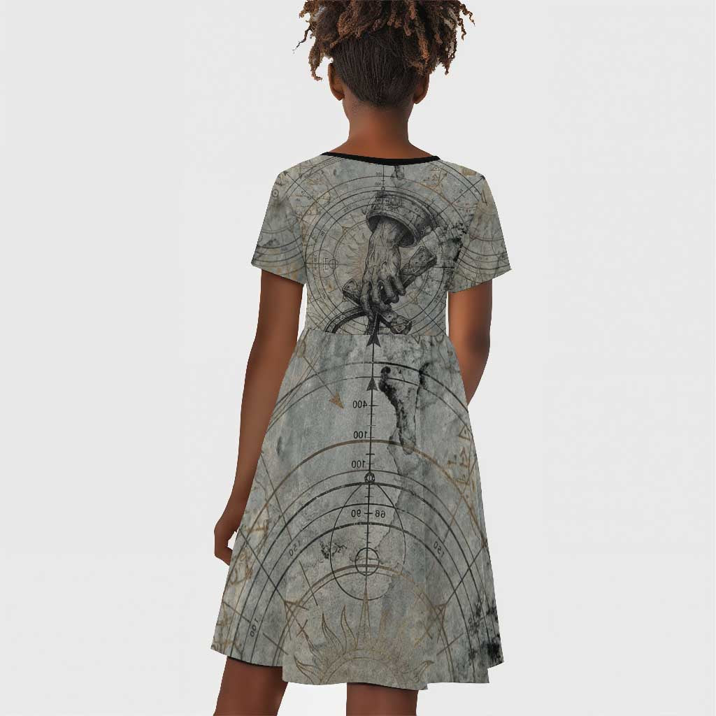 Aten Ancient Egyptian Kid Short Sleeve Dress with Gray Astronomical Chart, Radiant Sun Disc Emblem, and Ankh - African Pride