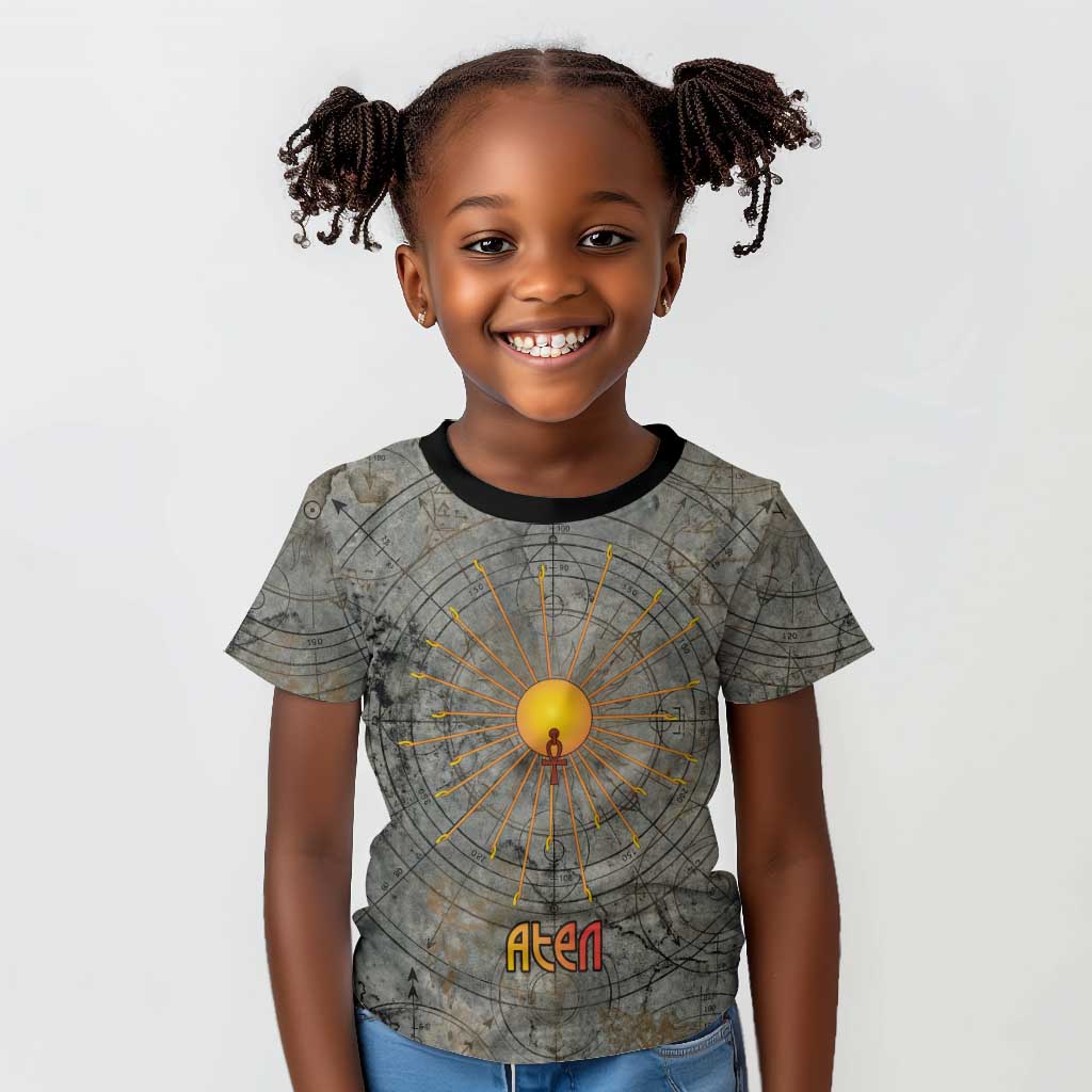 Aten Ancient Egyptian Kid T shirt with Gray Astronomical Chart, Radiant Sun Disc Emblem, and Ankh - African Pride
