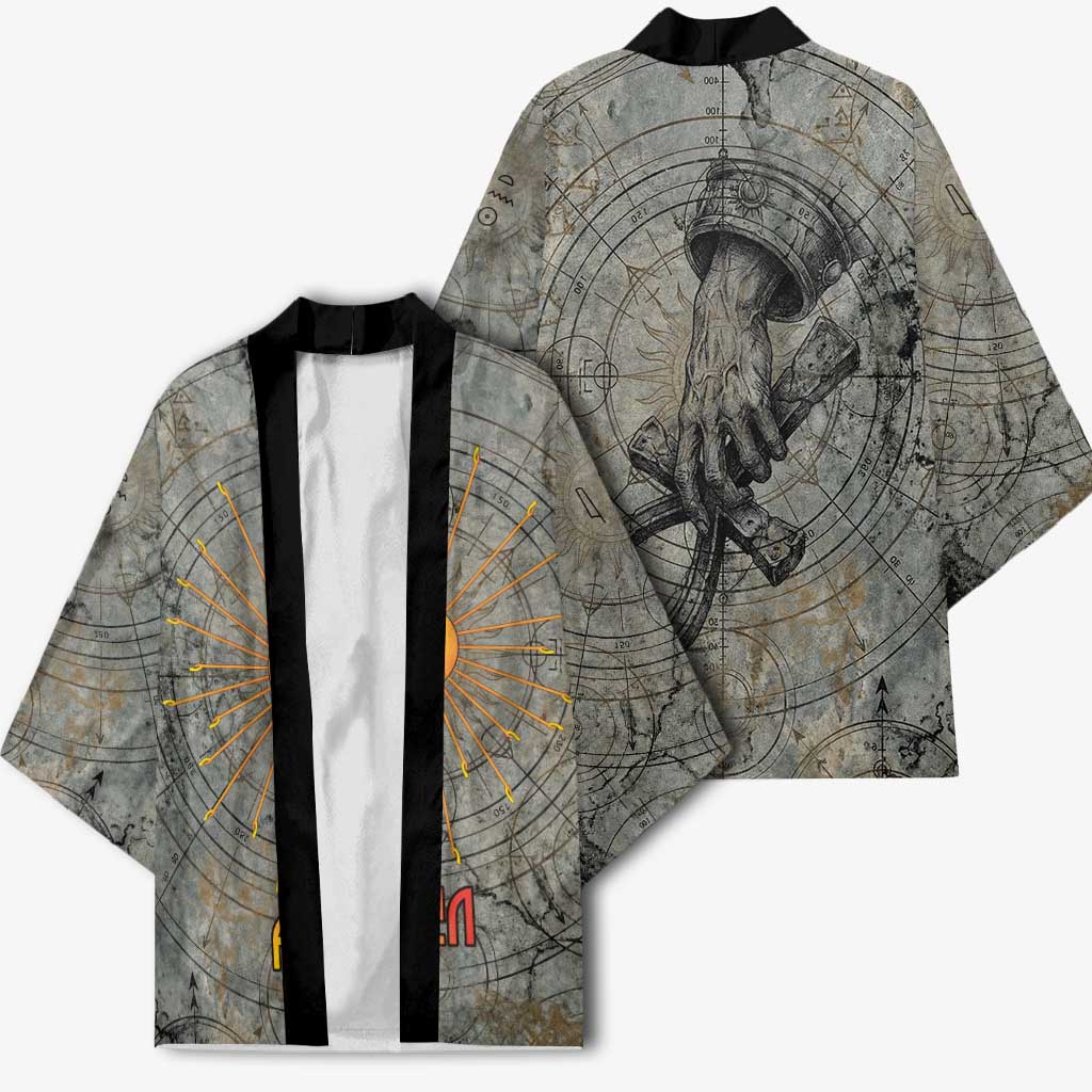 Aten Ancient Egyptian Kimono with Gray Astronomical Chart, Radiant Sun Disc Emblem, and Ankh - African Pride