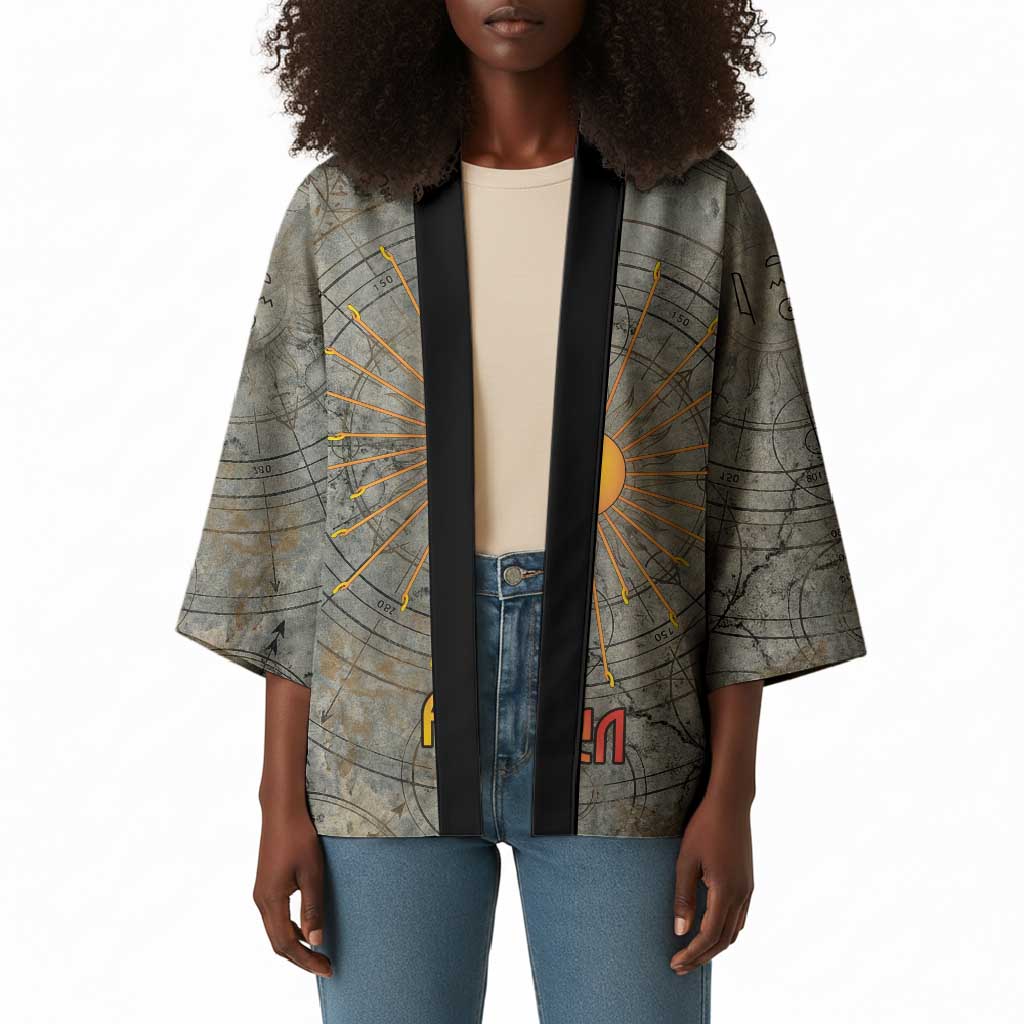 Aten Ancient Egyptian Kimono with Gray Astronomical Chart, Radiant Sun Disc Emblem, and Ankh - African Pride