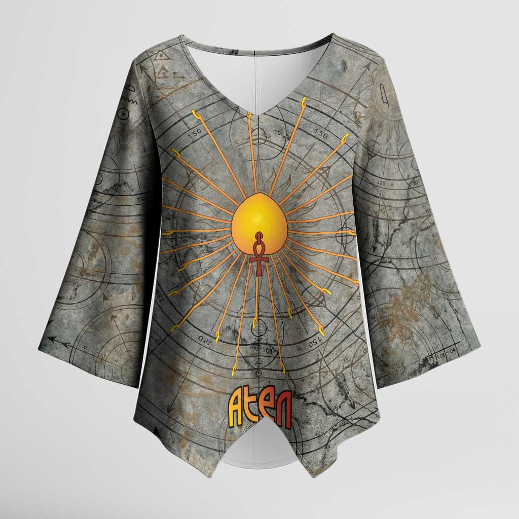 Aten Ancient Egyptian Kimono Sleeve Blouse with Gray Astronomical Chart, Radiant Sun Disc Emblem, and Ankh - African Pride