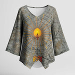 Aten Ancient Egyptian Kimono Sleeve Blouse with Gray Astronomical Chart, Radiant Sun Disc Emblem, and Ankh - African Pride