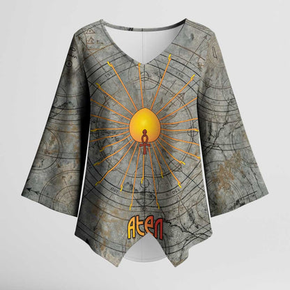 Aten Ancient Egyptian Kimono Sleeve Blouse with Gray Astronomical Chart, Radiant Sun Disc Emblem, and Ankh - African Pride
