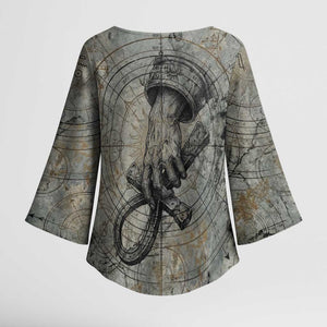 Aten Ancient Egyptian Kimono Sleeve Blouse with Gray Astronomical Chart, Radiant Sun Disc Emblem, and Ankh - African Pride