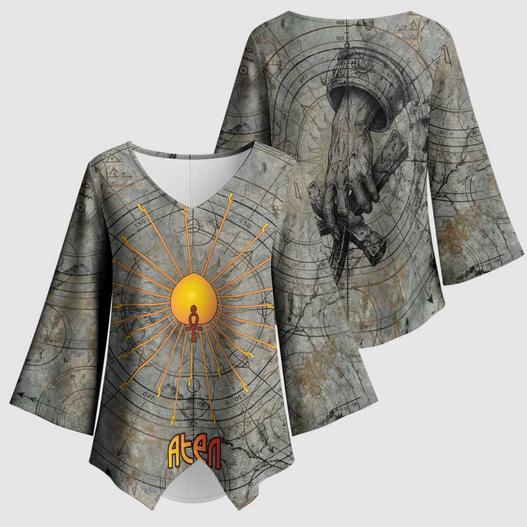 Aten Ancient Egyptian Kimono Sleeve Blouse with Gray Astronomical Chart, Radiant Sun Disc Emblem, and Ankh - African Pride