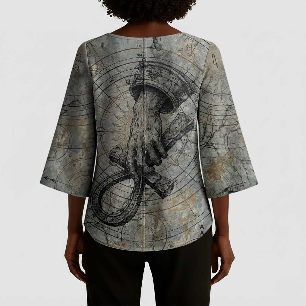 Aten Ancient Egyptian Kimono Sleeve Blouse with Gray Astronomical Chart, Radiant Sun Disc Emblem, and Ankh - African Pride