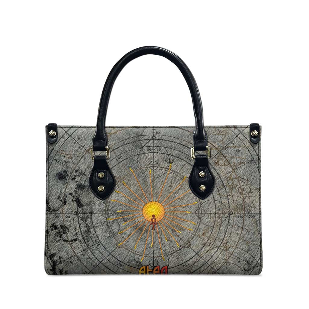 Aten Ancient Egyptian Leather Bag with Gray Astronomical Chart, Radiant Sun Disc Emblem, and Ankh - African Pride