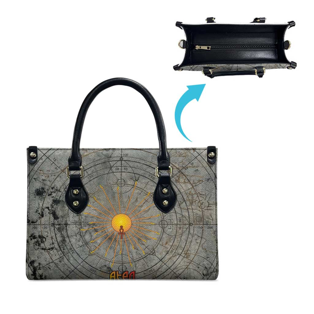 Aten Ancient Egyptian Leather Bag with Gray Astronomical Chart, Radiant Sun Disc Emblem, and Ankh - African Pride