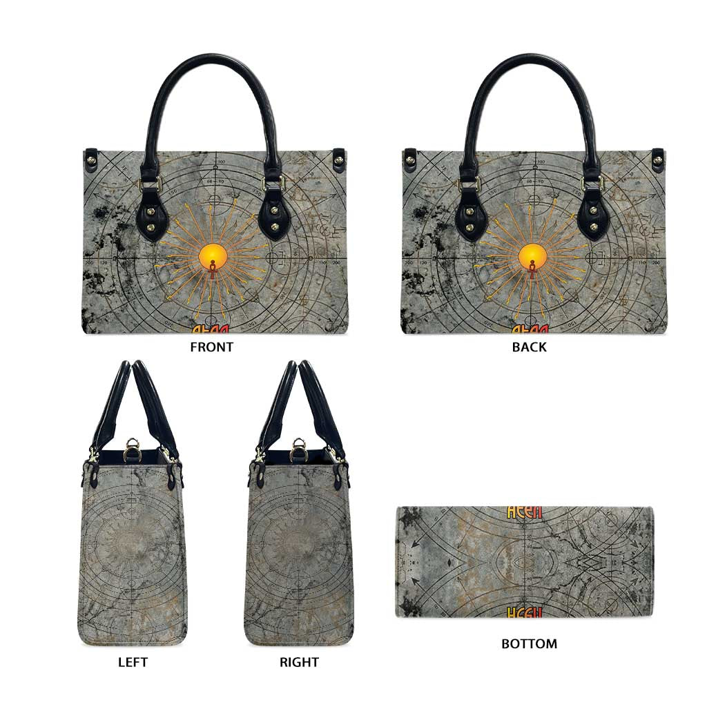 Aten Ancient Egyptian Leather Bag with Gray Astronomical Chart, Radiant Sun Disc Emblem, and Ankh - African Pride