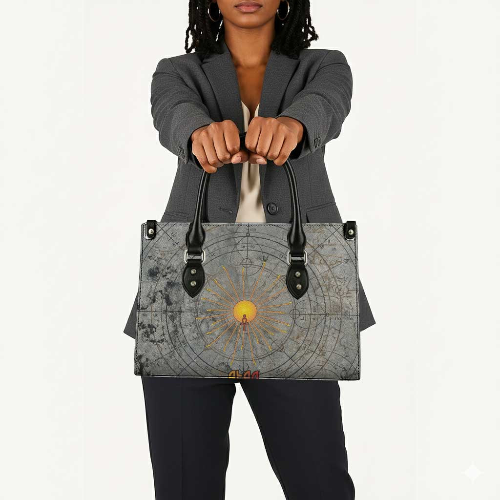 Aten Ancient Egyptian Leather Bag with Gray Astronomical Chart, Radiant Sun Disc Emblem, and Ankh - African Pride