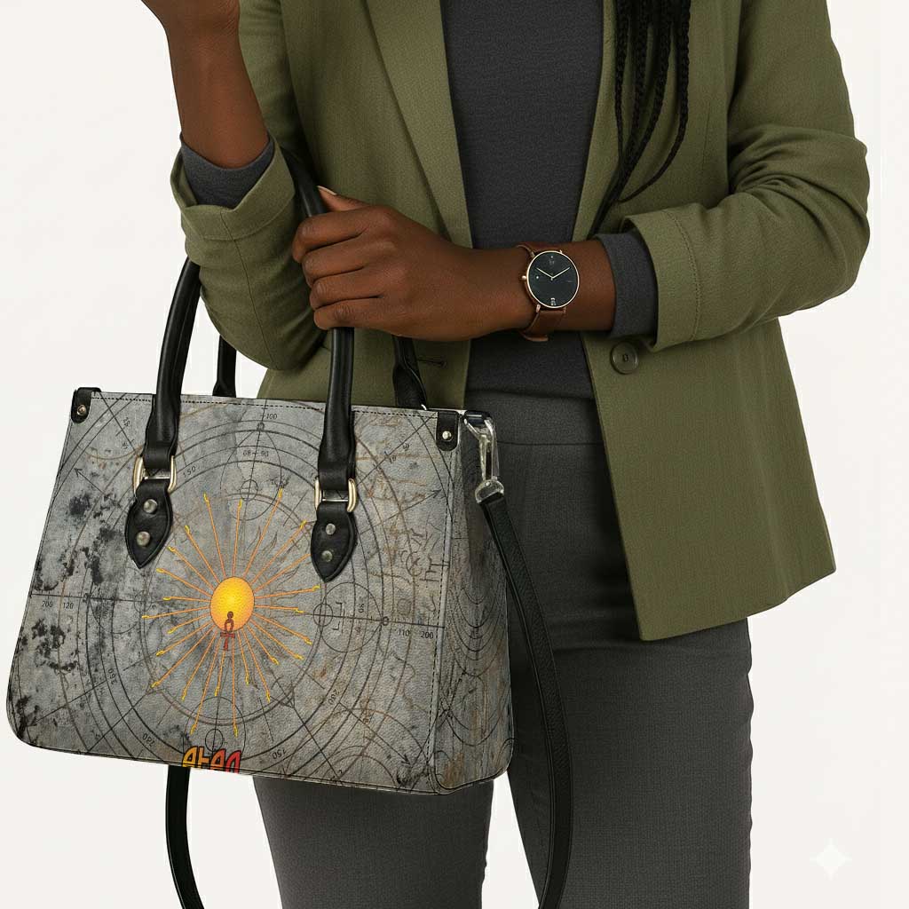 Aten Ancient Egyptian Leather Bag with Gray Astronomical Chart, Radiant Sun Disc Emblem, and Ankh - African Pride