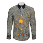 Aten Ancient Egyptian Long Sleeve Button Shirt with Gray Astronomical Chart, Radiant Sun Disc Emblem, and Ankh - African Pride