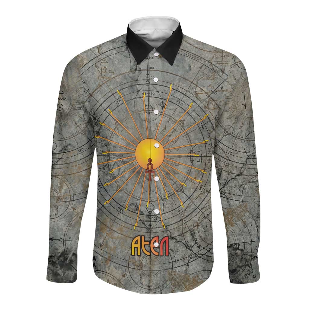 Aten Ancient Egyptian Long Sleeve Button Shirt with Gray Astronomical Chart, Radiant Sun Disc Emblem, and Ankh - African Pride