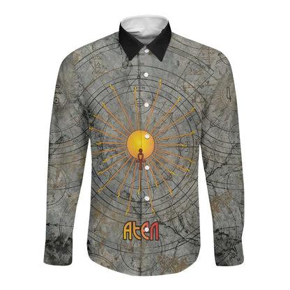 Aten Ancient Egyptian Long Sleeve Button Shirt with Gray Astronomical Chart, Radiant Sun Disc Emblem, and Ankh - African Pride