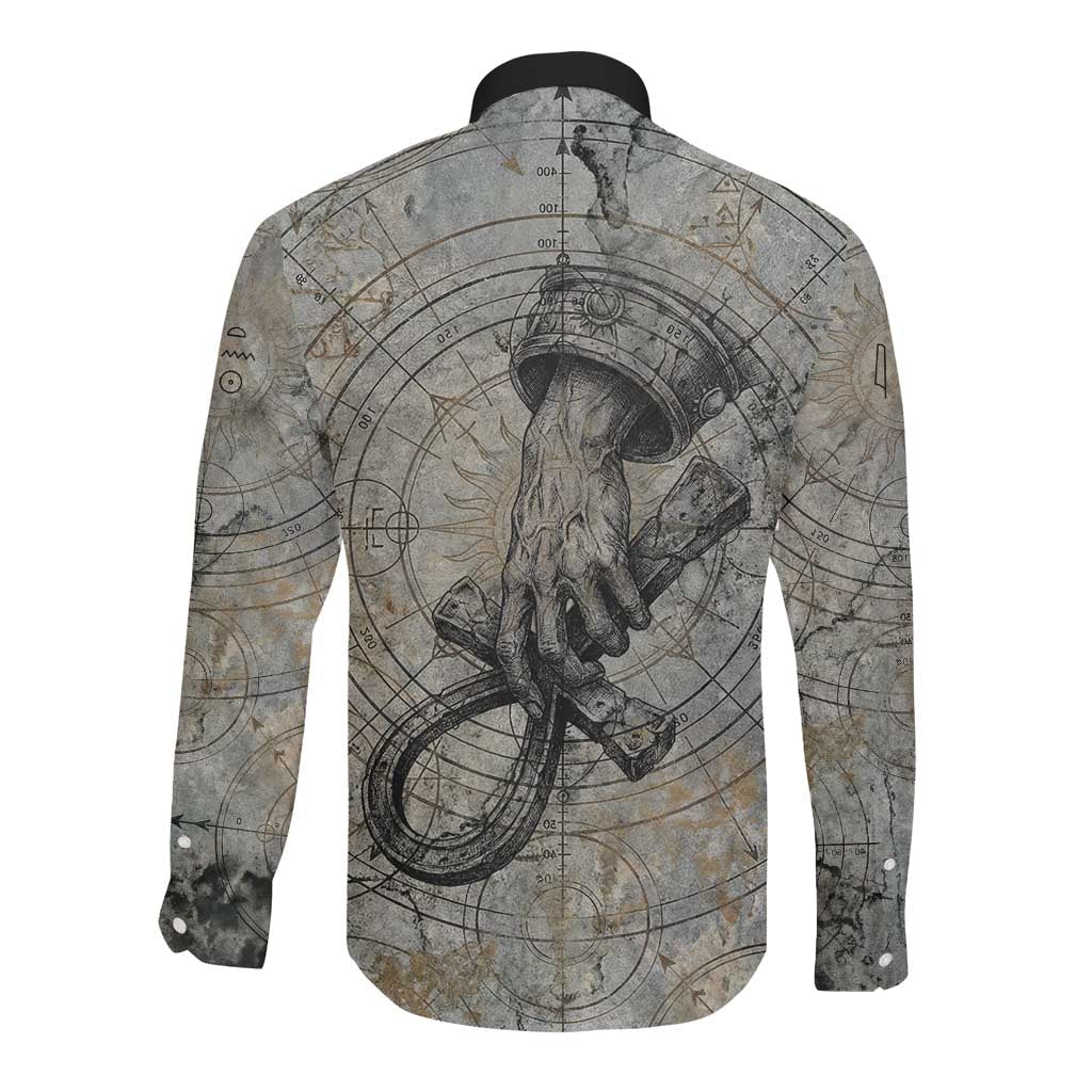 Aten Ancient Egyptian Long Sleeve Button Shirt with Gray Astronomical Chart, Radiant Sun Disc Emblem, and Ankh - African Pride