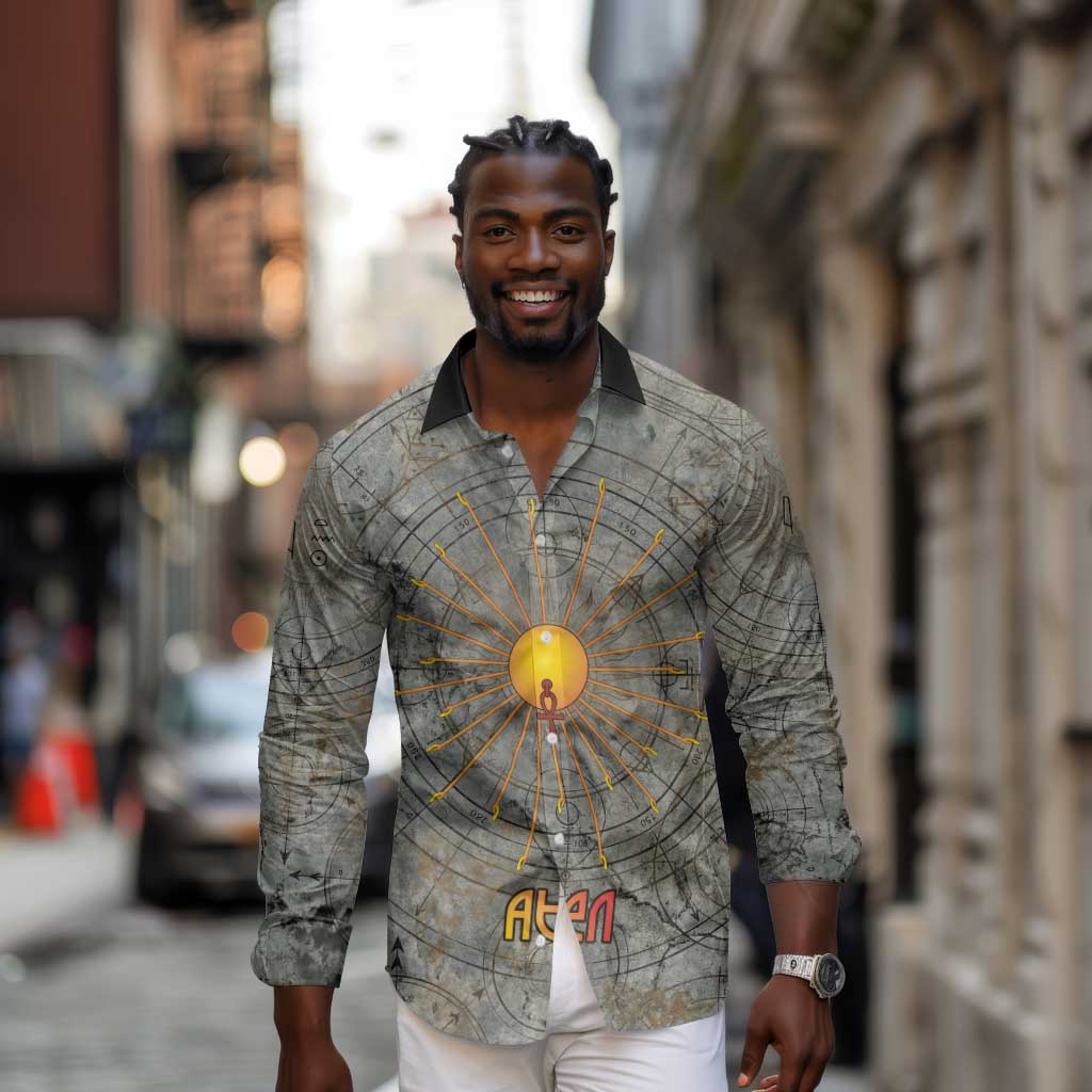 Aten Ancient Egyptian Long Sleeve Button Shirt with Gray Astronomical Chart, Radiant Sun Disc Emblem, and Ankh - African Pride