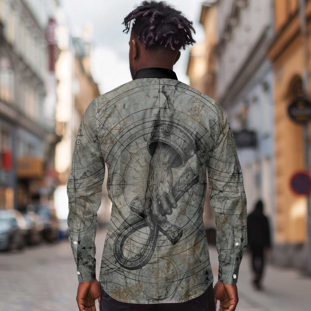 Aten Ancient Egyptian Long Sleeve Button Shirt with Gray Astronomical Chart, Radiant Sun Disc Emblem, and Ankh - African Pride