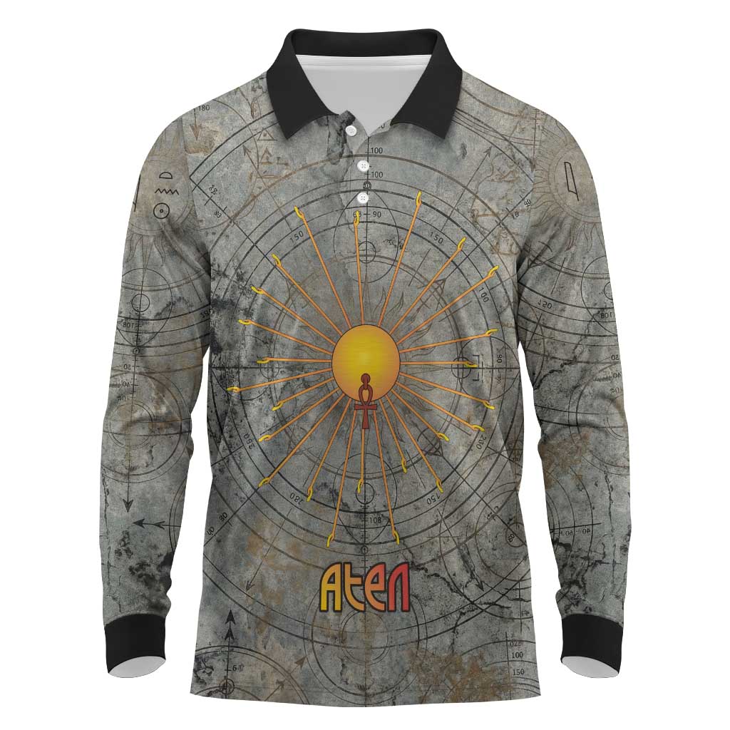 Aten Ancient Egyptian Long Sleeve Polo Shirt with Gray Astronomical Chart, Radiant Sun Disc Emblem, and Ankh - African Pride