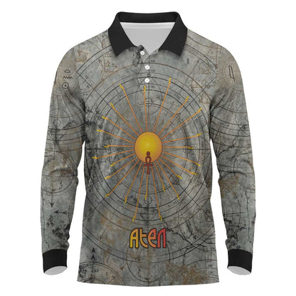 Aten Ancient Egyptian Long Sleeve Polo Shirt with Gray Astronomical Chart, Radiant Sun Disc Emblem, and Ankh - African Pride