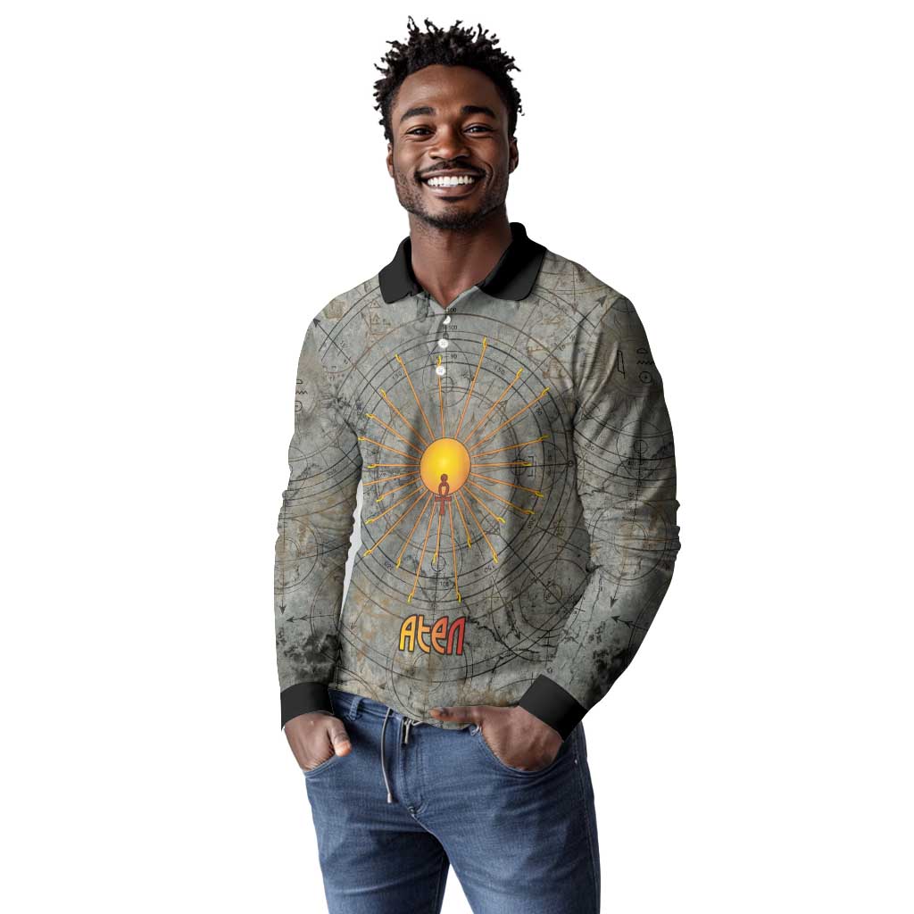 Aten Ancient Egyptian Long Sleeve Polo Shirt with Gray Astronomical Chart, Radiant Sun Disc Emblem, and Ankh - African Pride