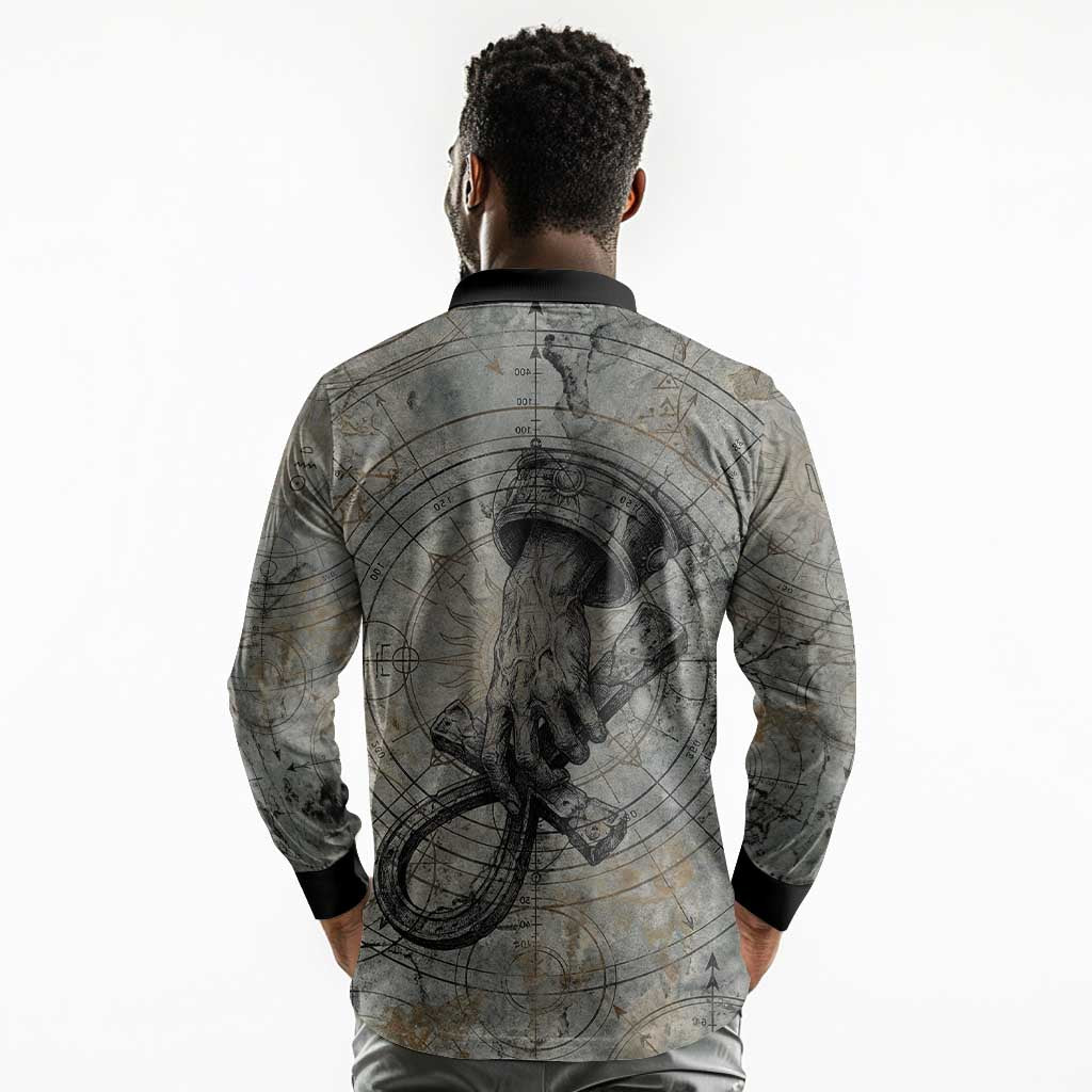 Aten Ancient Egyptian Long Sleeve Polo Shirt with Gray Astronomical Chart, Radiant Sun Disc Emblem, and Ankh - African Pride