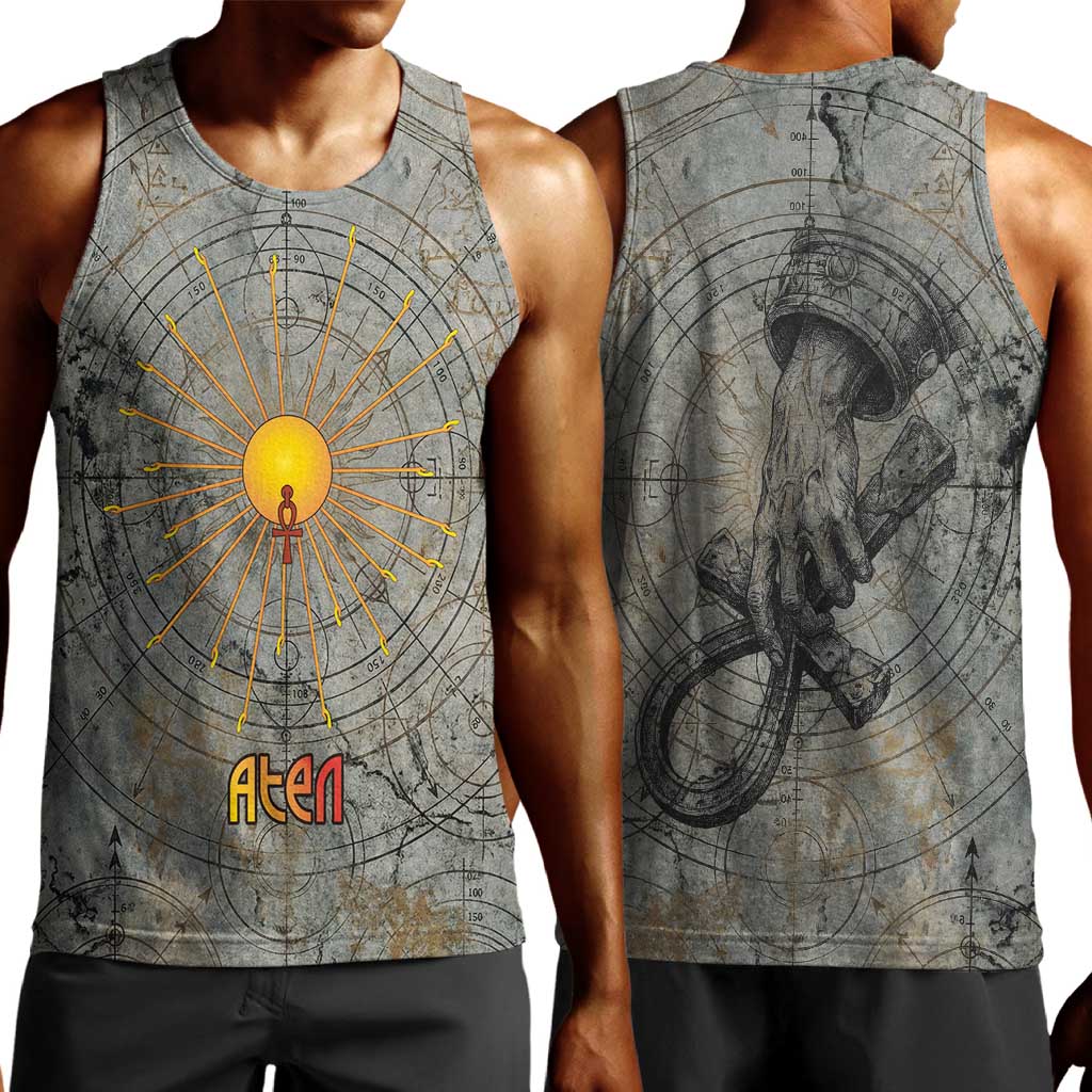 Aten Ancient Egyptian Men Tank Top with Gray Astronomical Chart, Radiant Sun Disc Emblem, and Ankh - African Pride
