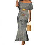 Aten Ancient Egyptian Mermaid Dress with Gray Astronomical Chart, Radiant Sun Disc Emblem, and Ankh - African Pride
