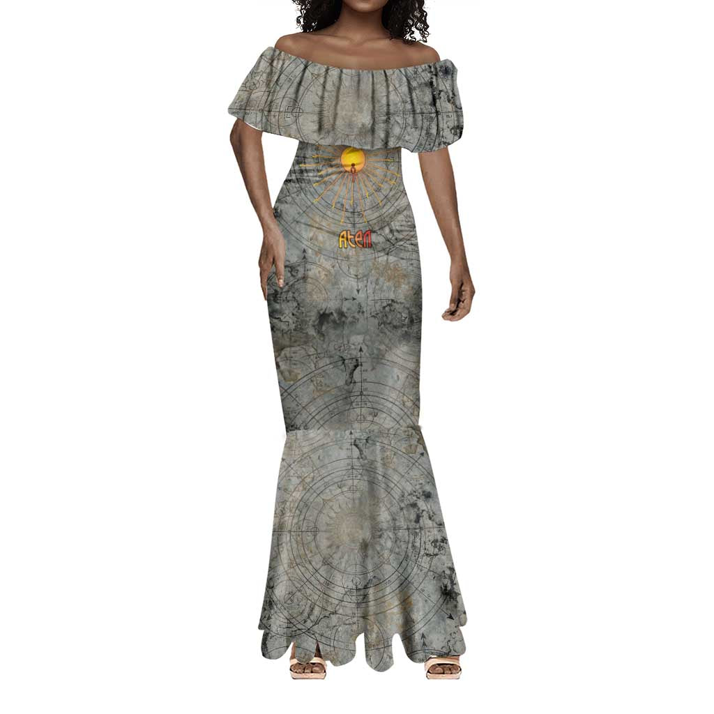 Aten Ancient Egyptian Mermaid Dress with Gray Astronomical Chart, Radiant Sun Disc Emblem, and Ankh - African Pride