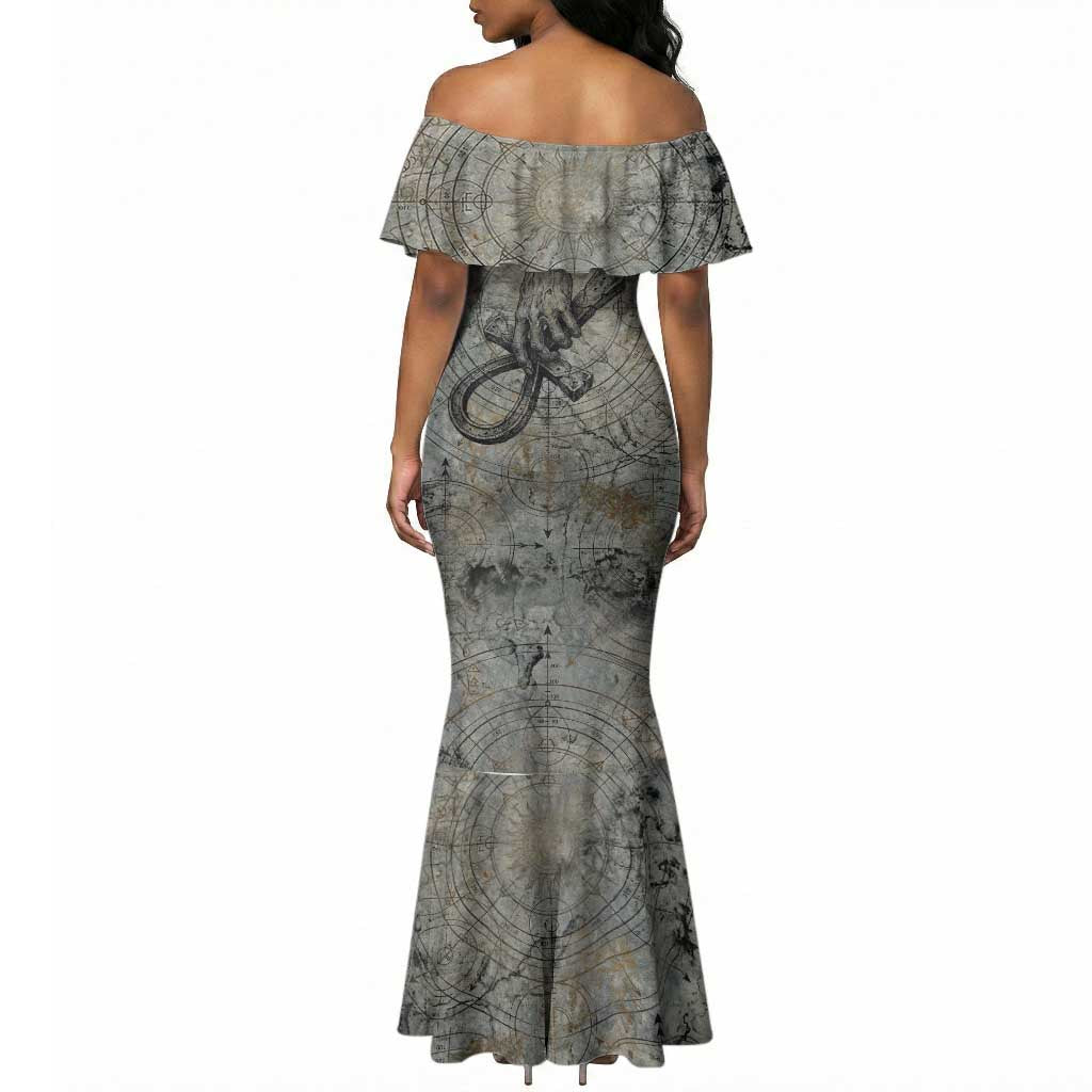 Aten Ancient Egyptian Mermaid Dress with Gray Astronomical Chart, Radiant Sun Disc Emblem, and Ankh - African Pride