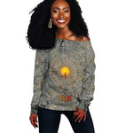 Aten Ancient Egyptian Off Shoulder Sweater with Gray Astronomical Chart, Radiant Sun Disc Emblem, and Ankh - African Pride