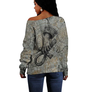 Aten Ancient Egyptian Off Shoulder Sweater with Gray Astronomical Chart, Radiant Sun Disc Emblem, and Ankh - African Pride