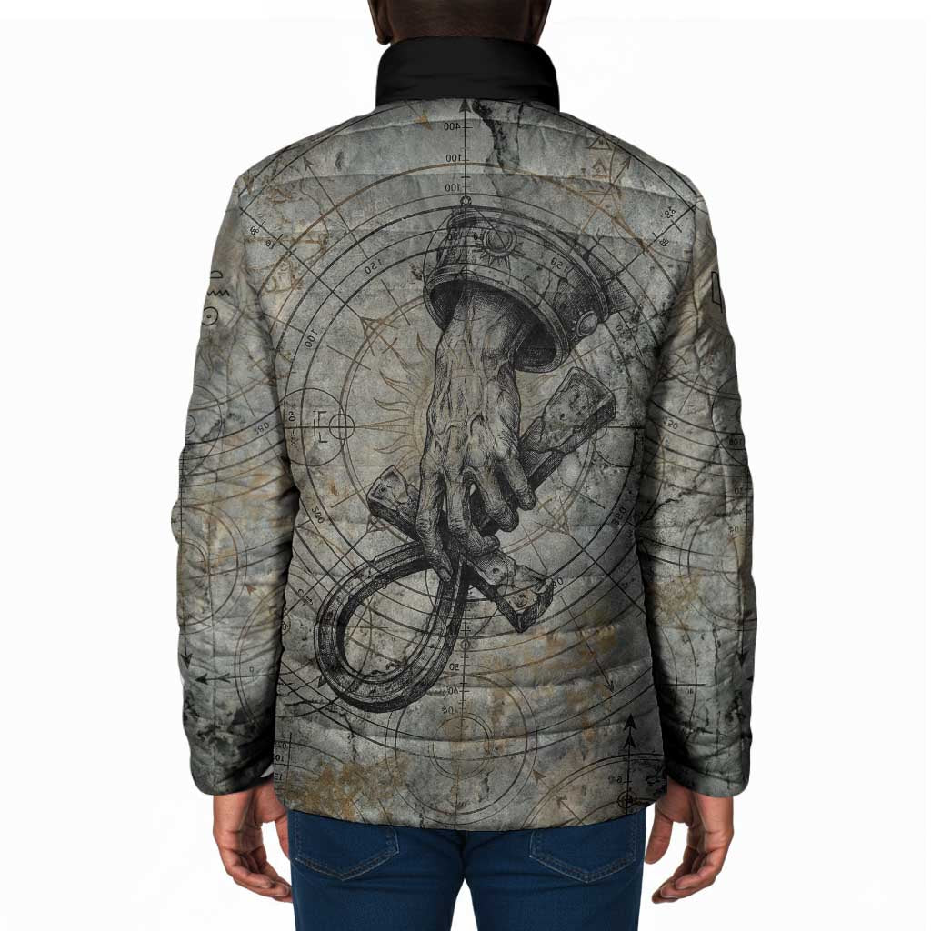 Aten Ancient Egyptian Padded Jacket with Gray Astronomical Chart, Radiant Sun Disc Emblem, and Ankh - African Pride