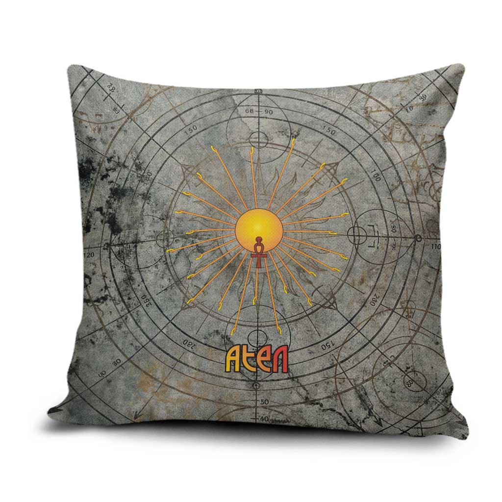 Aten Ancient Egyptian Pillow Cover with Gray Astronomical Chart, Radiant Sun Disc Emblem, and Ankh - African Pride
