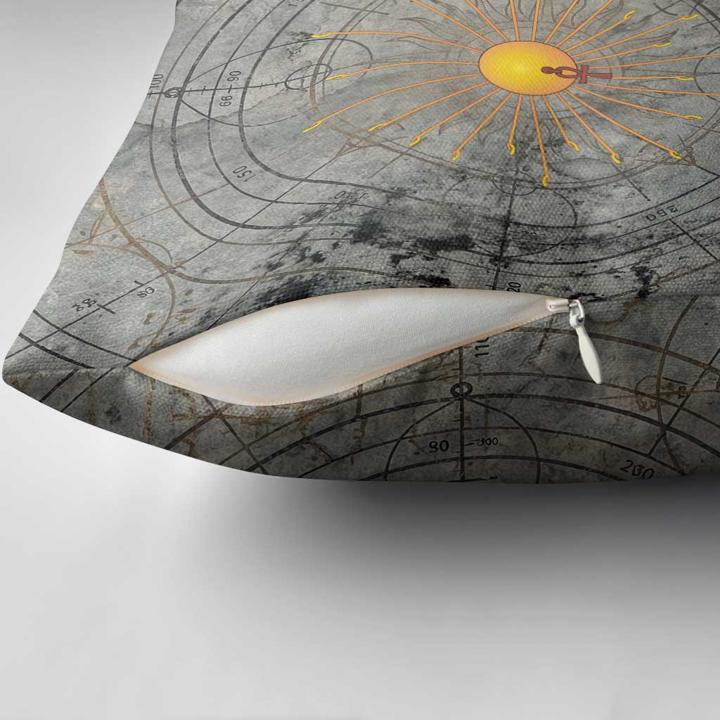 Aten Ancient Egyptian Pillow Cover with Gray Astronomical Chart, Radiant Sun Disc Emblem, and Ankh - African Pride