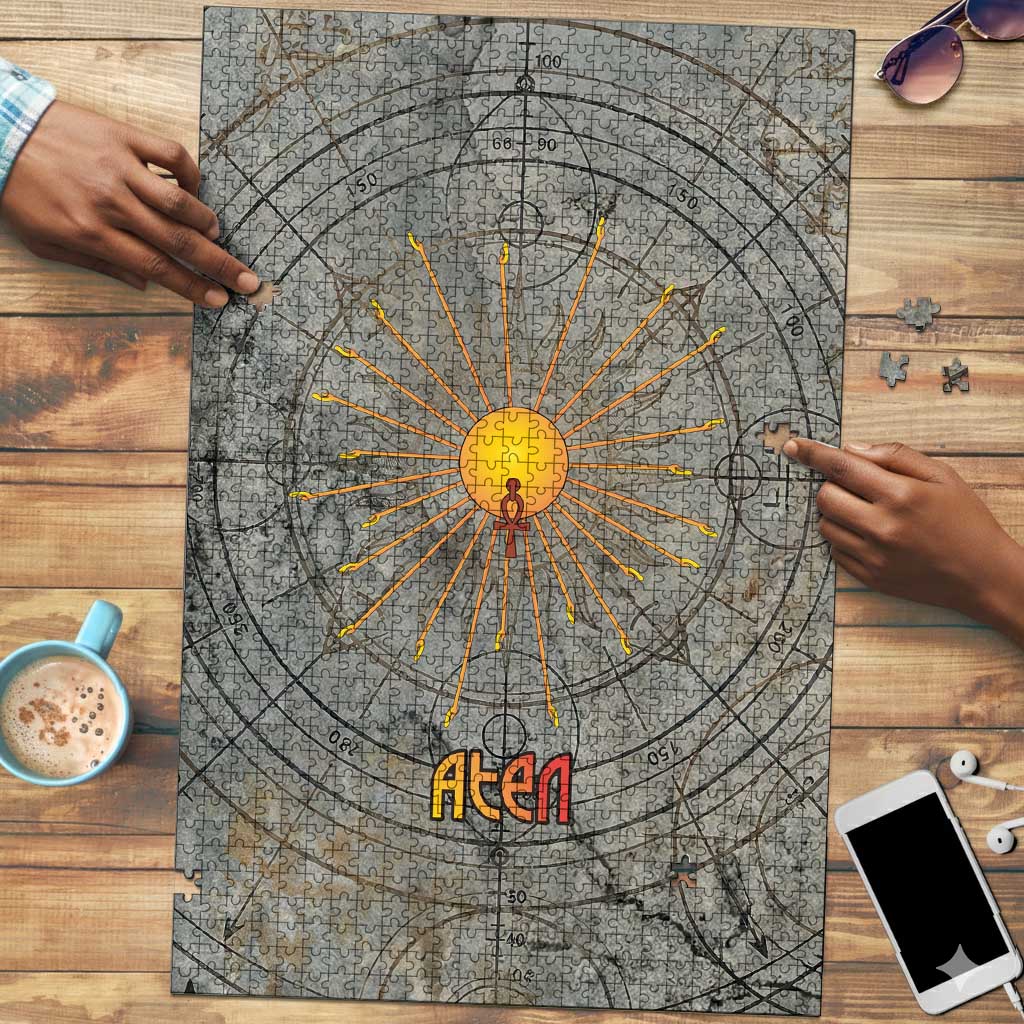 Aten Ancient Egyptian Puzzle with Gray Astronomical Chart, Radiant Sun Disc Emblem, and Ankh - African Pride