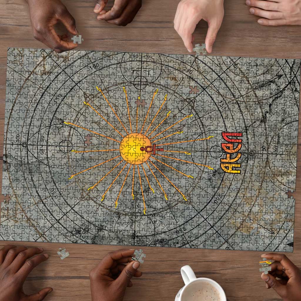 Aten Ancient Egyptian Puzzle with Gray Astronomical Chart, Radiant Sun Disc Emblem, and Ankh - African Pride