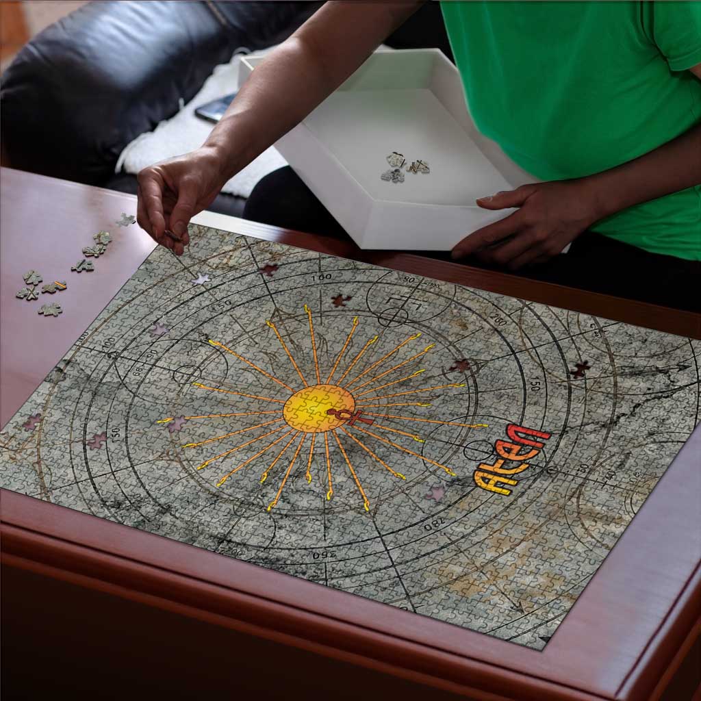 Aten Ancient Egyptian Puzzle with Gray Astronomical Chart, Radiant Sun Disc Emblem, and Ankh - African Pride