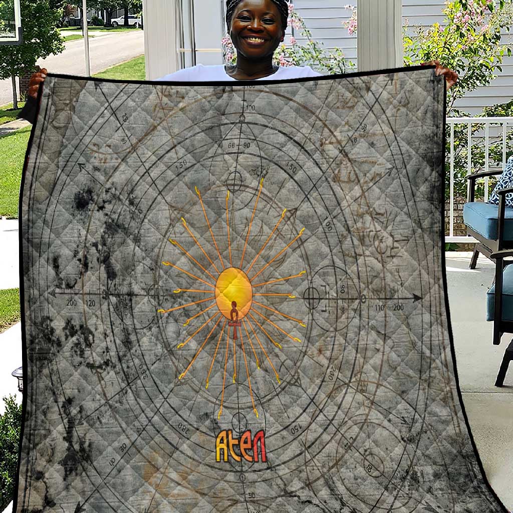 Aten Ancient Egyptian Quilt with Gray Astronomical Chart, Radiant Sun Disc Emblem, and Ankh - African Pride