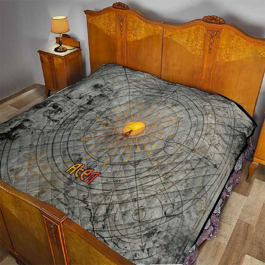Aten Ancient Egyptian Quilt with Gray Astronomical Chart, Radiant Sun Disc Emblem, and Ankh - African Pride