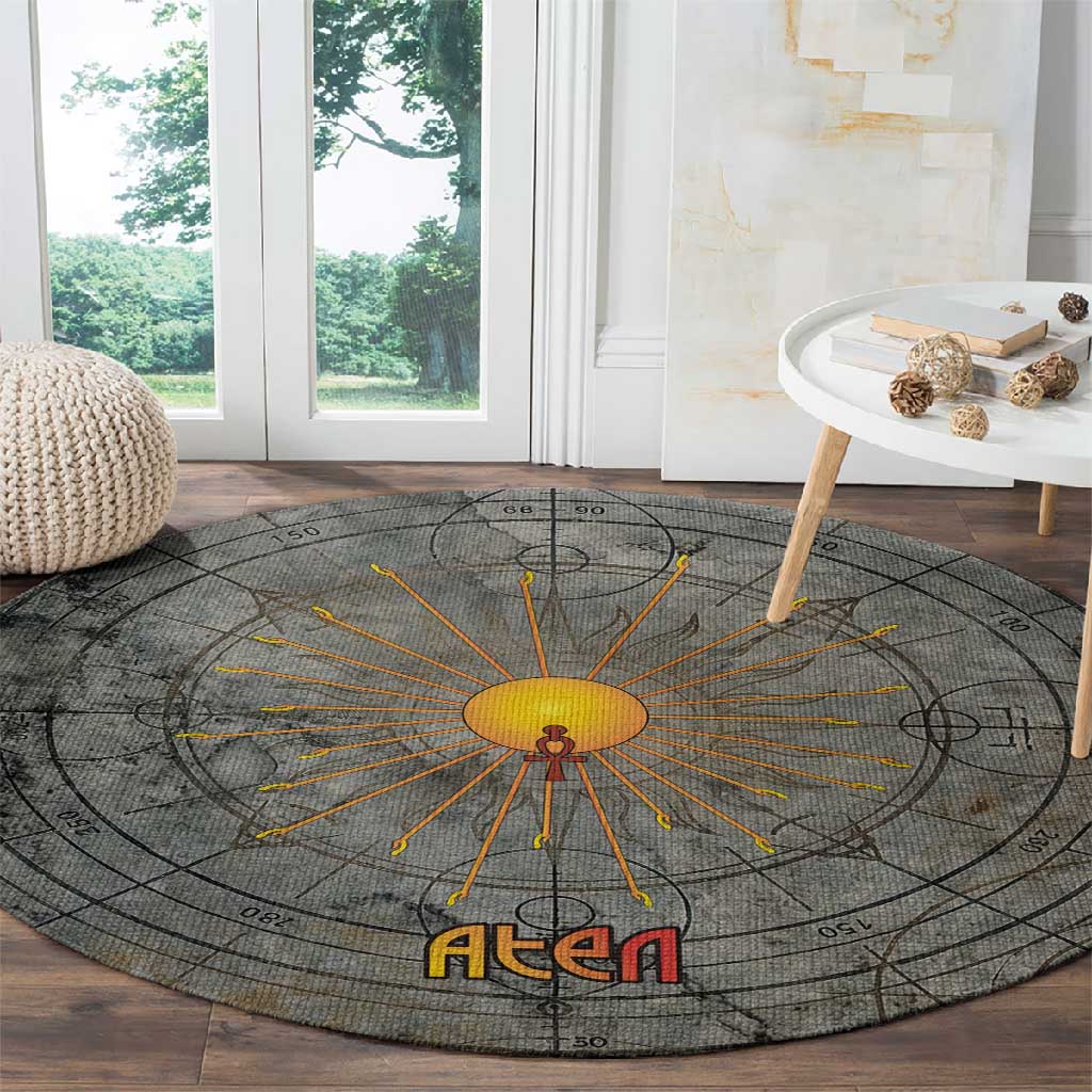 Aten Ancient Egyptian Round Carpet with Gray Astronomical Chart, Radiant Sun Disc Emblem, and Ankh - African Pride